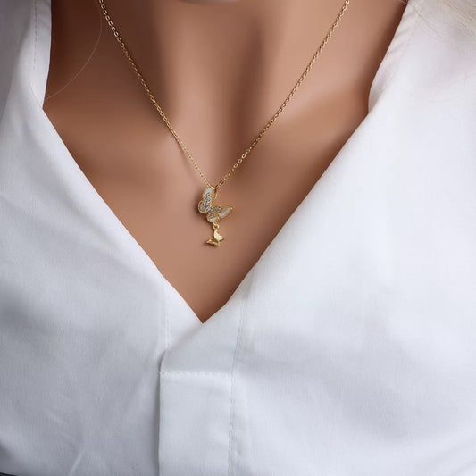 Petite Shell & Crystal Butterfly Necklace | Dainty Stainless Steel Charm