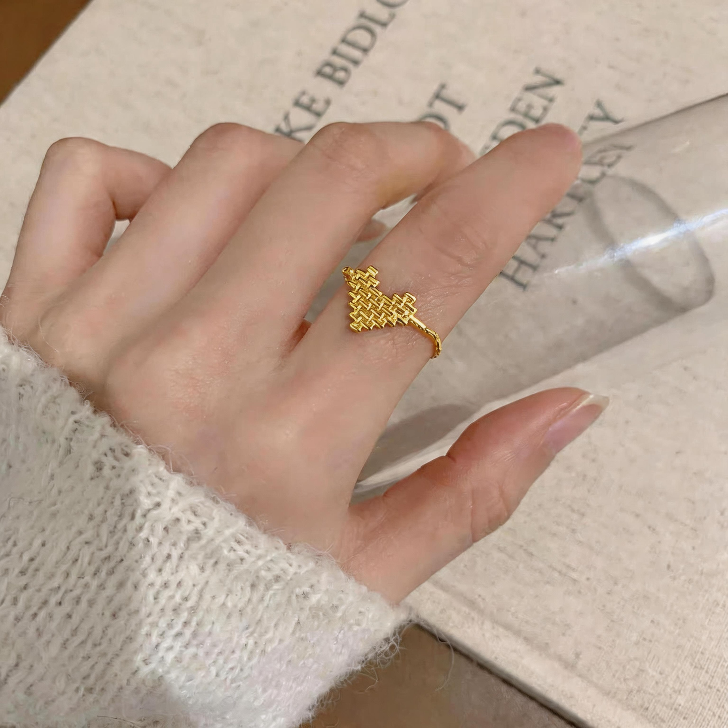 Golden Woven Heart Open Ring