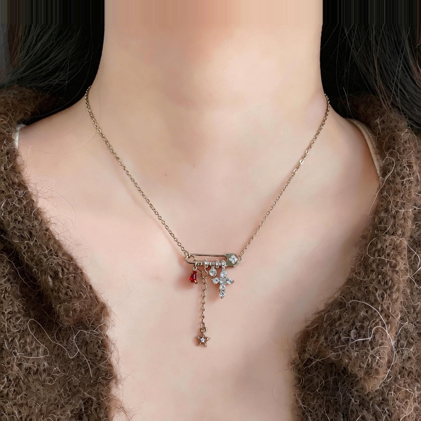 Vintage Silver Pin Charm Necklace