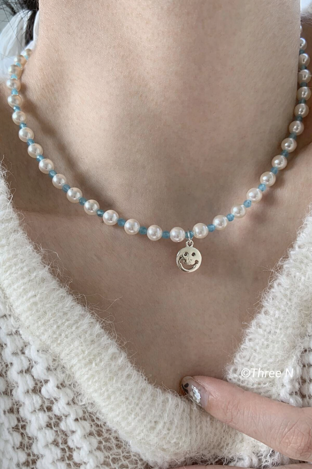 Blue Pearl Smiley Charm Necklace