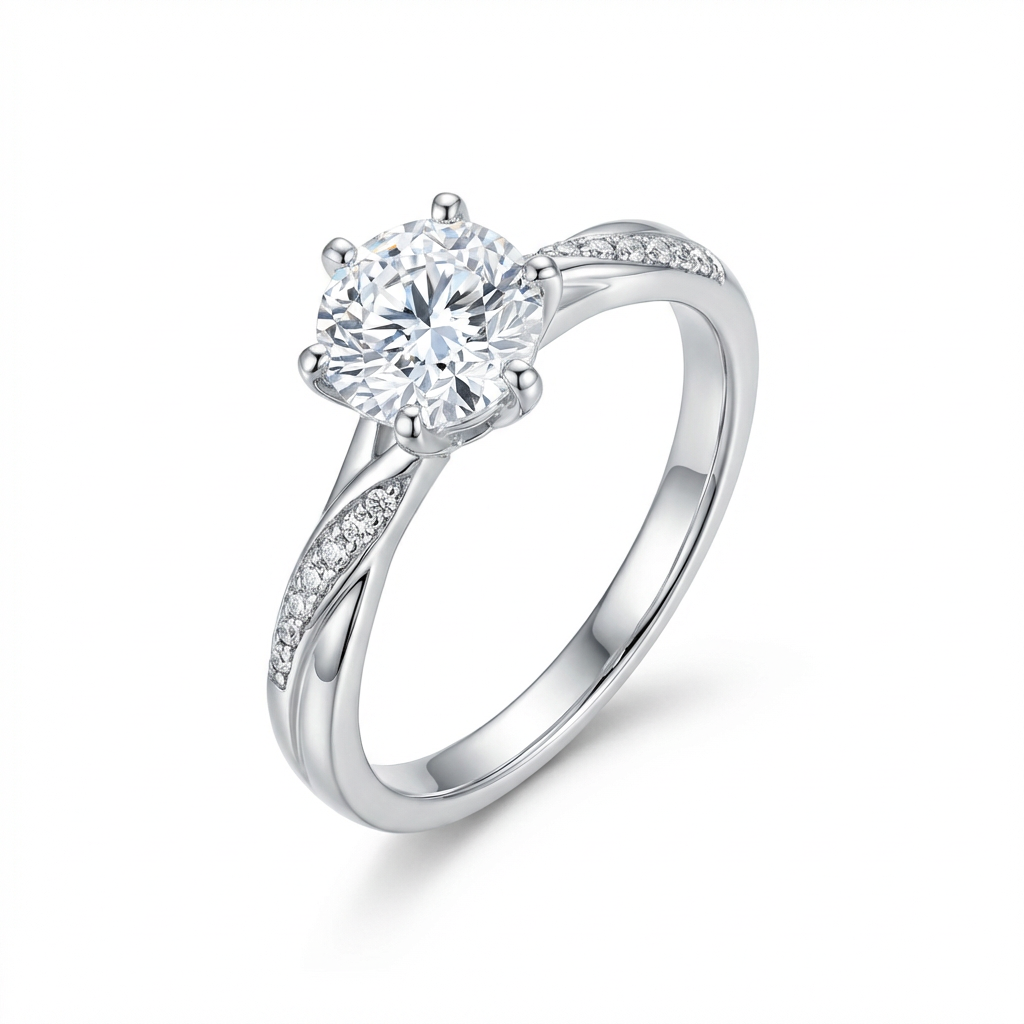 Dainty Five-Prong Round Solitaire Twisted Shank Asymmetrical Pavé Ring(Adjustable Ring)