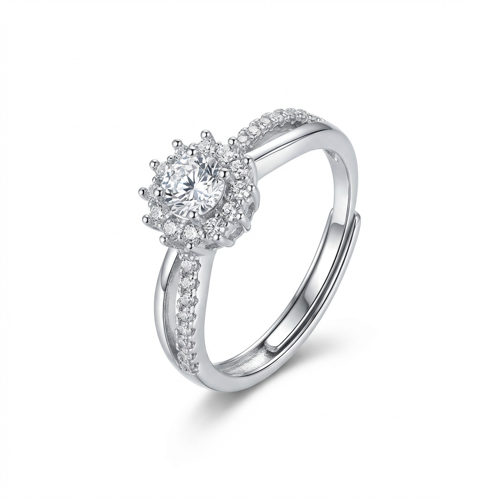 Dainty Round Cut Sunburst Double Halo Adjustable Double-Row Pavé Ring(Adjustable Ring)