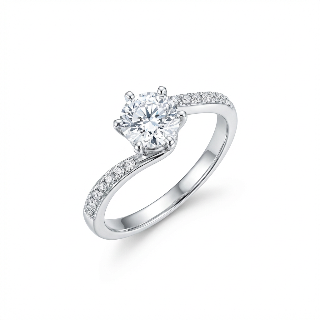Dainty Four-Prong Round Solitaire Twisted Shank Symmetrical Pavé Ring(Adjustable Ring)