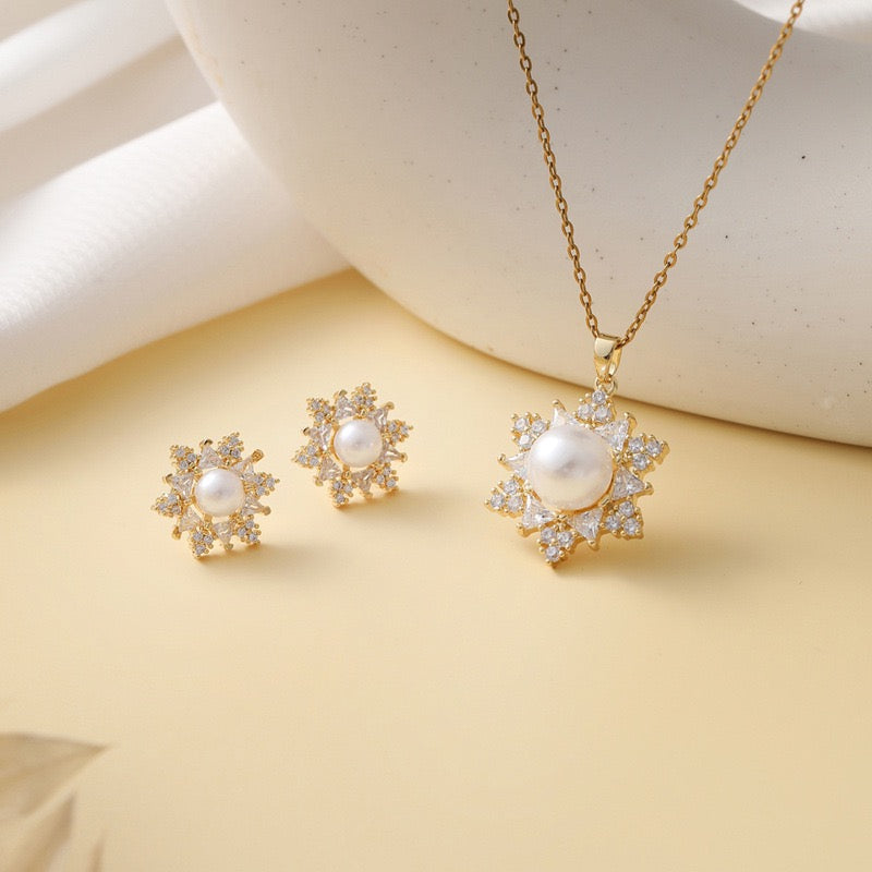 Celestial Frost Pearl Set | Handcrafted Stainless Steel Snowflake Necklace & Earrings