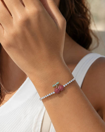 Red Blue Cherry Tennis Bracelet For Women, Sparkling CZ Fruit Charm Bracelet, Cute Summer Jewelry Gift