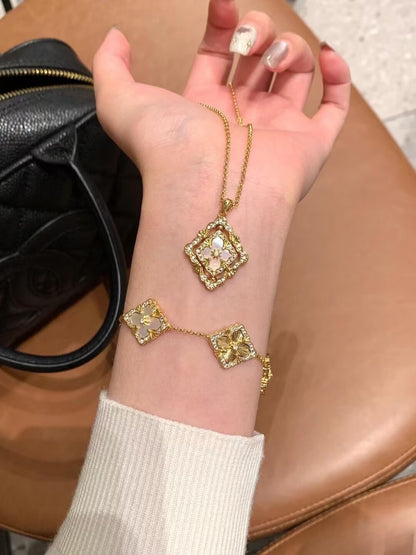 "Ethereal Spinner" Pink Mother-of-Pearl Clover Necklace – A Rotating Token of Luck