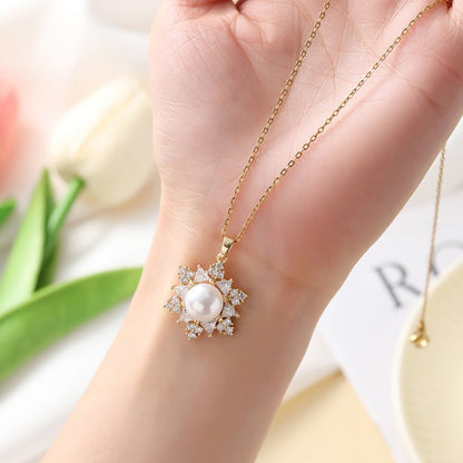 Celestial Frost Pearl Set | Handcrafted Stainless Steel Snowflake Necklace & Earrings