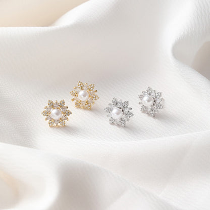 Celestial Frost Pearl Set | Handcrafted Stainless Steel Snowflake Necklace & Earrings