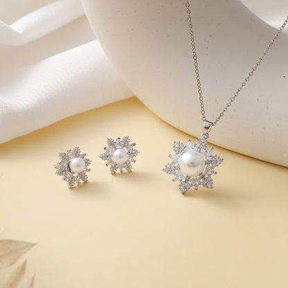 Celestial Frost Pearl Set | Handcrafted Stainless Steel Snowflake Necklace & Earrings
