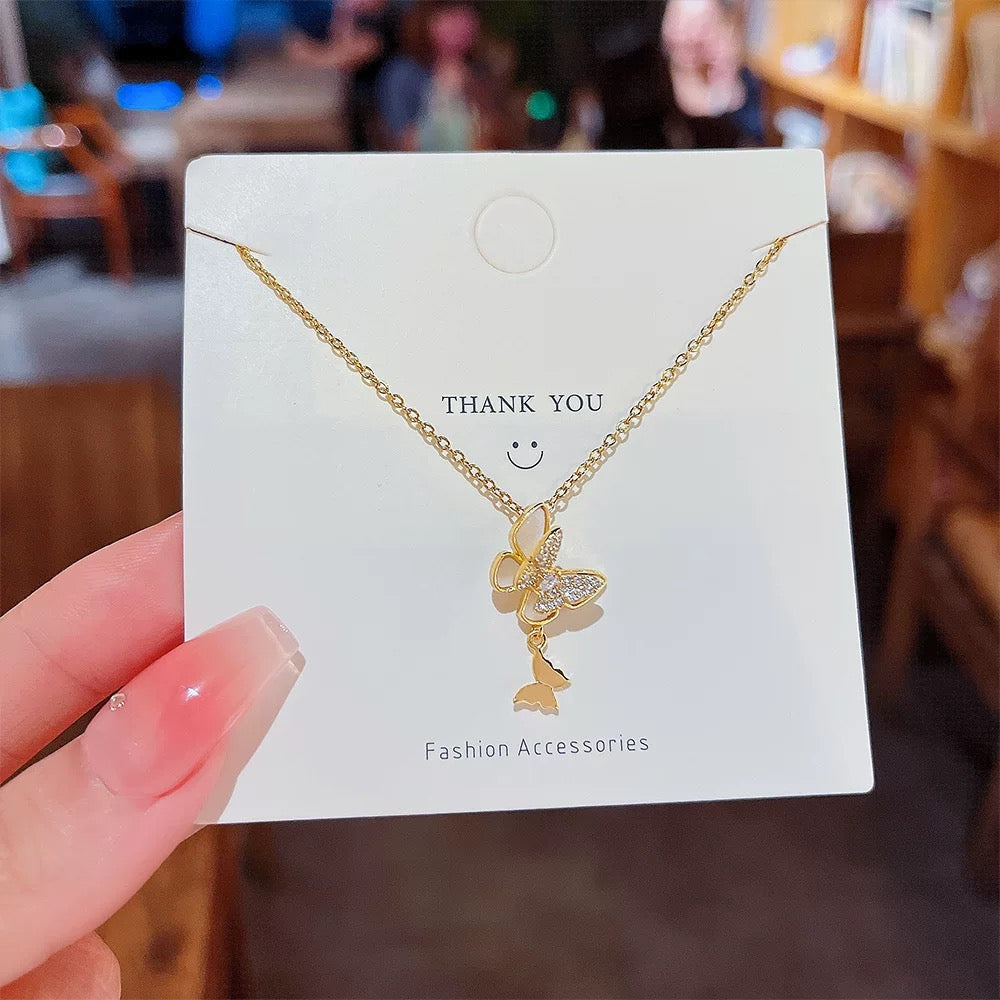 Petite Shell & Crystal Butterfly Necklace | Dainty Stainless Steel Charm