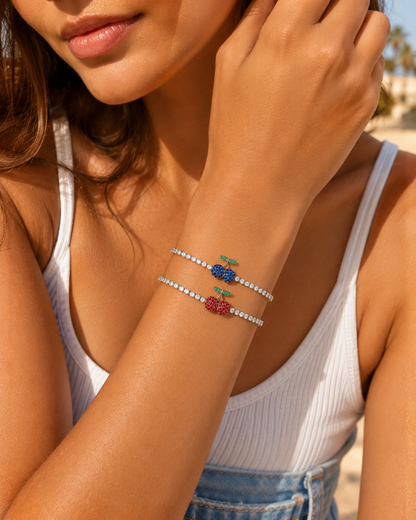 Red Blue Cherry Tennis Bracelet For Women, Sparkling CZ Fruit Charm Bracelet, Cute Summer Jewelry Gift