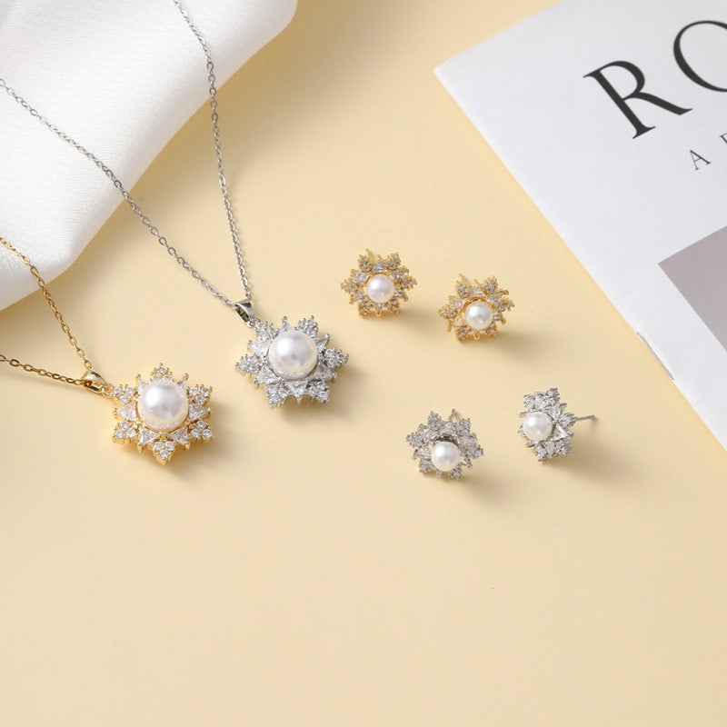 Celestial Frost Pearl Set | Handcrafted Stainless Steel Snowflake Necklace & Earrings