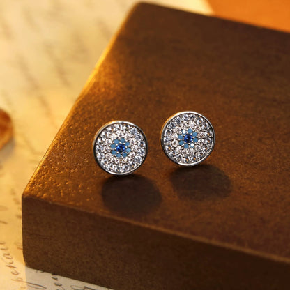 Dainty Evil Eye Studs: Gradient Blue Micro-Pave Zirconia in Fine Brass
