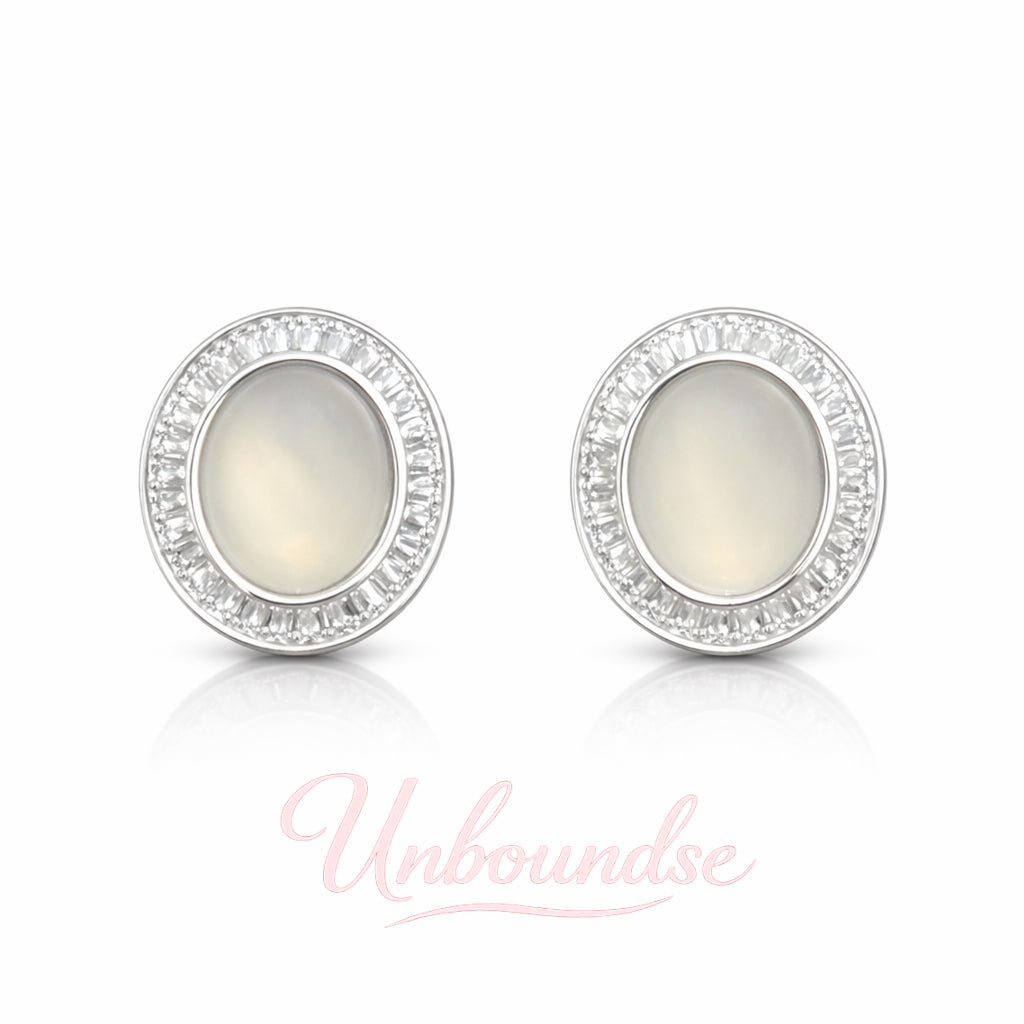 Ovale Mondstein-Halo-Ohrstecker mit Stiften aus 925er Sterlingsilber