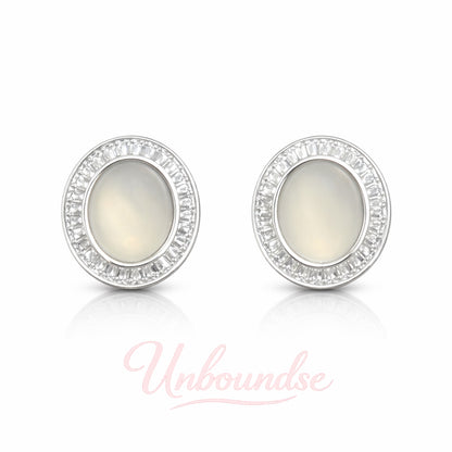 Ovale Mondstein-Halo-Ohrstecker mit Stiften aus 925er Sterlingsilber