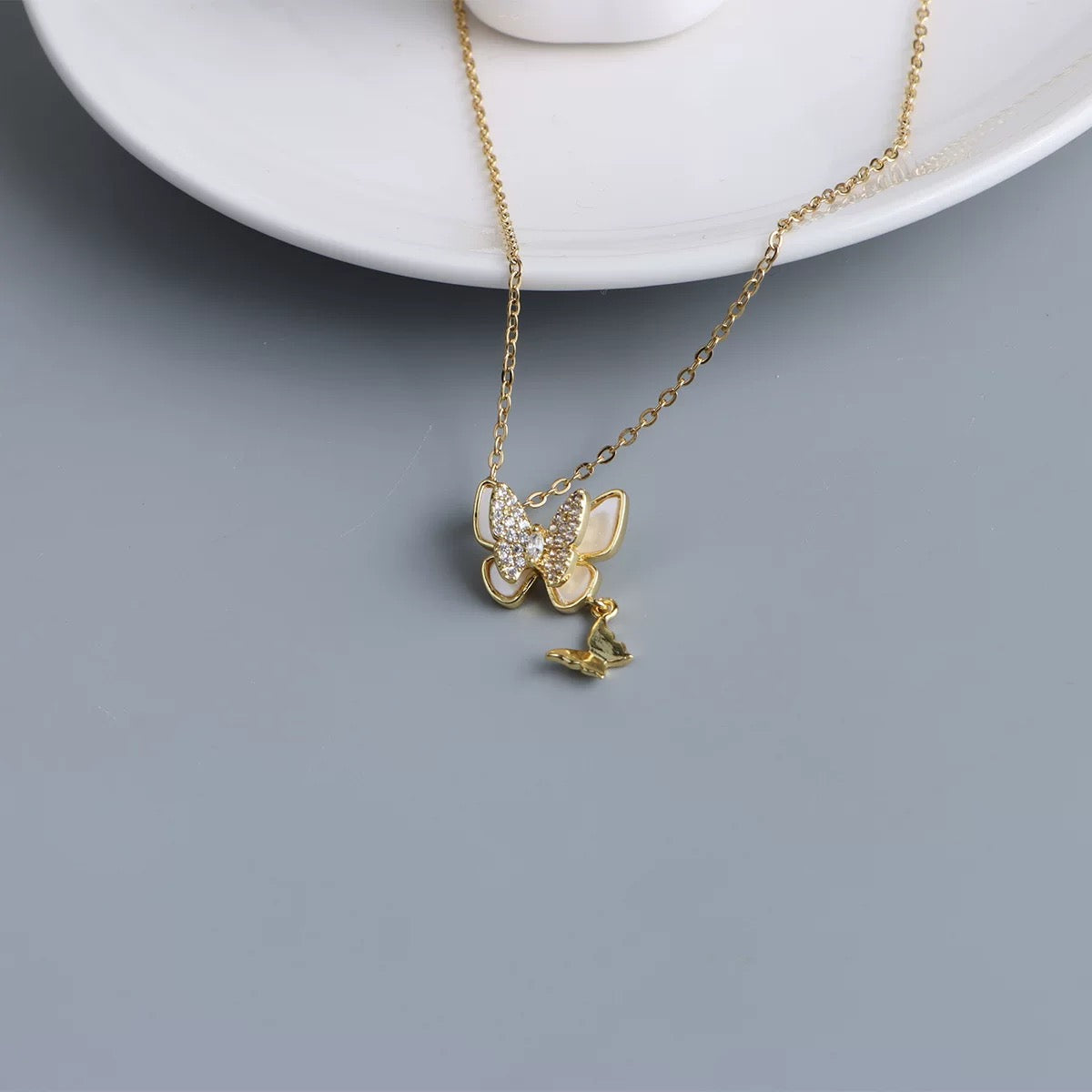 Petite Shell & Crystal Butterfly Necklace | Dainty Stainless Steel Charm