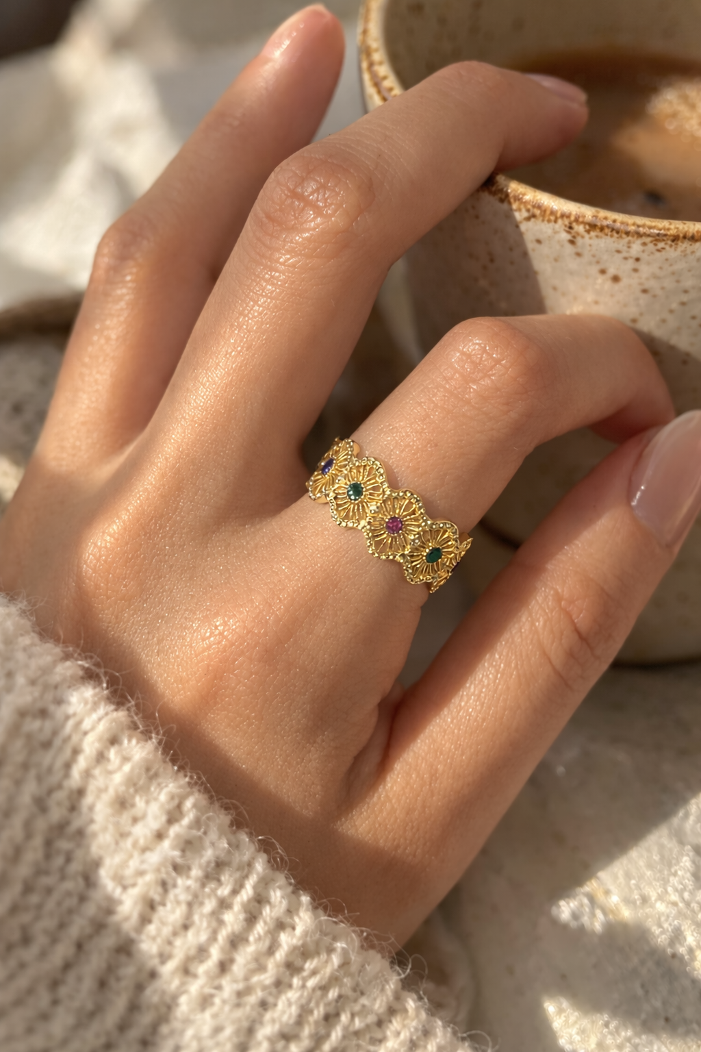 Vintage Floral Openwork Ring – 18K Gold Plated