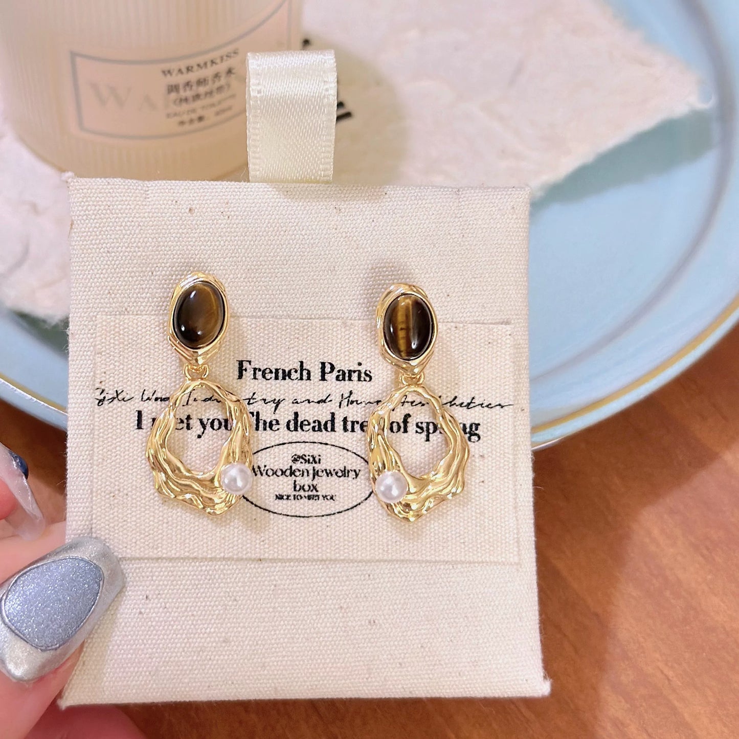 Vintage Tiger’s Eye-Inspired Drop Earrings with Pearl Accent – 925 Sterling Silver Posts