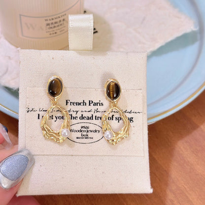 Vintage Tiger’s Eye-Inspired Drop Earrings with Pearl Accent – 925 Sterling Silver Posts