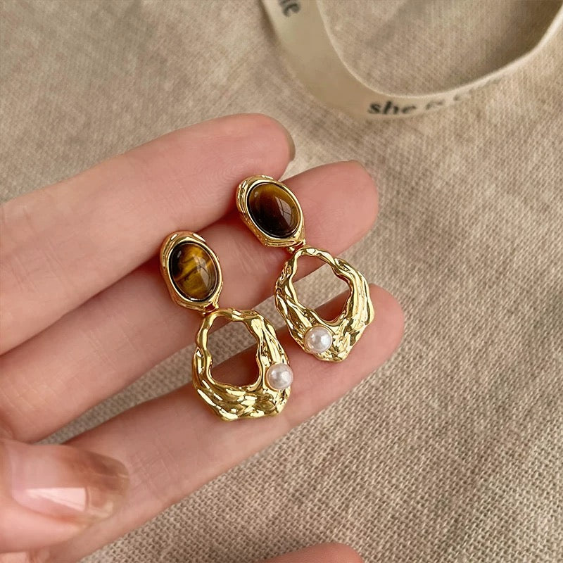 Vintage Tiger’s Eye-Inspired Drop Earrings with Pearl Accent – 925 Sterling Silver Posts
