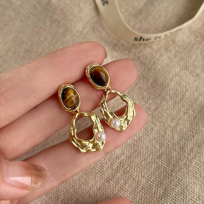 Vintage Tiger’s Eye-Inspired Drop Earrings with Pearl Accent – 925 Sterling Silver Posts
