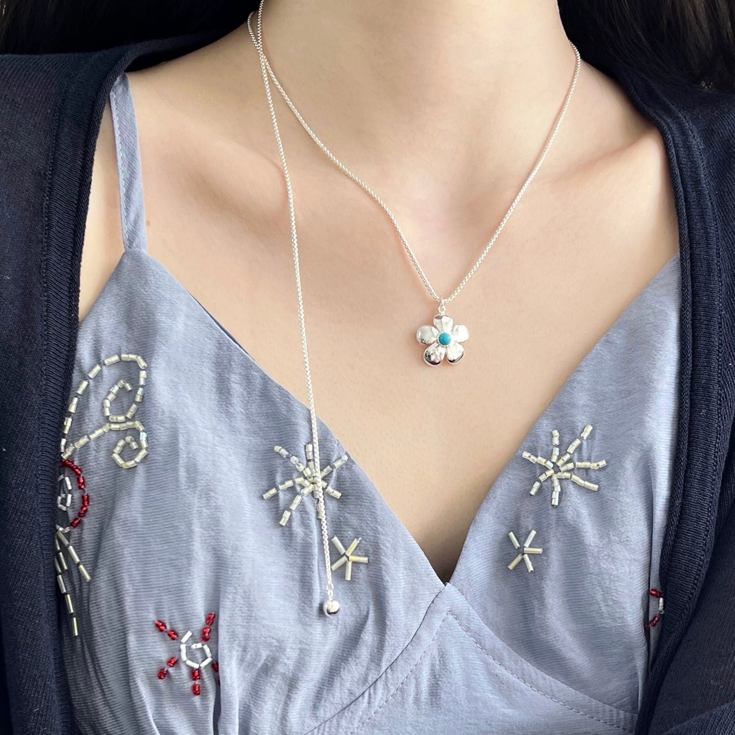 Silver Flower Turquoise Adjustable Lariat Necklace