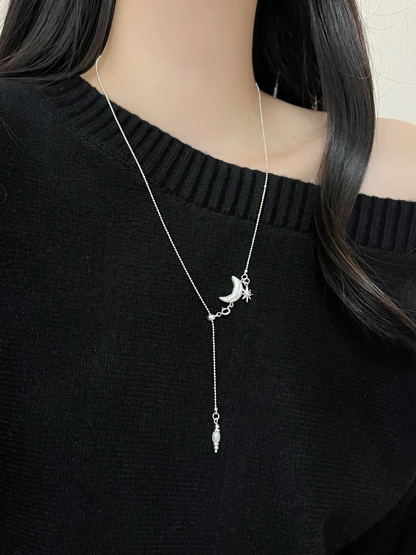 Moon Pearl Lariat Necklace