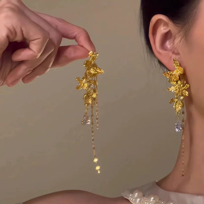 Gold Butterfly Statement Drop Earrings with Crystal Accents – 925 Sterling Silver Posts