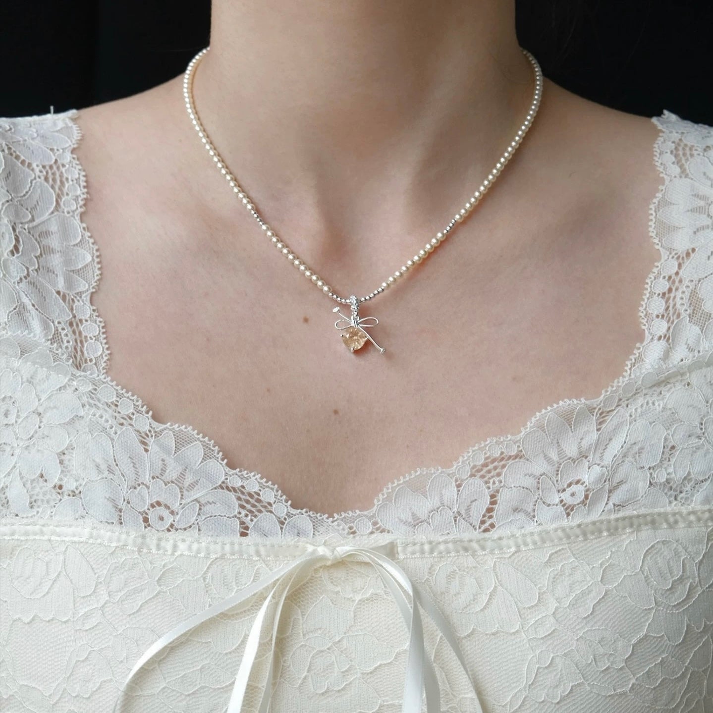 Ivory Pearl Bow Pendant Necklace