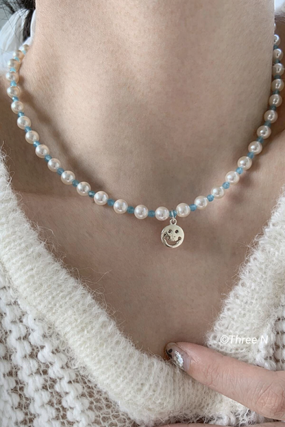 Blue Pearl Smiley Charm Necklace
