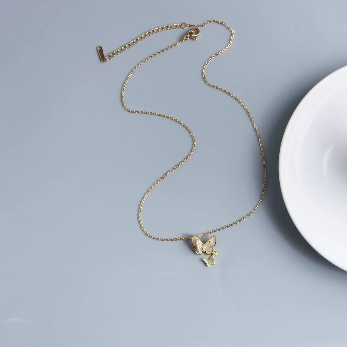 Petite Shell & Crystal Butterfly Necklace | Dainty Stainless Steel Charm