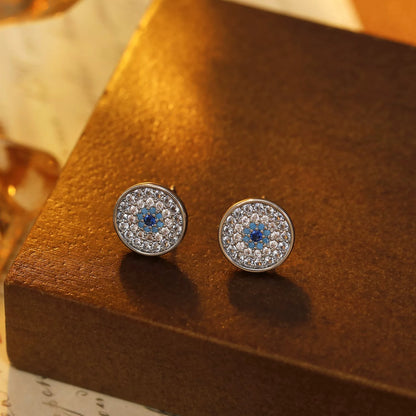 Dainty Evil Eye Studs: Gradient Blue Micro-Pave Zirconia in Fine Brass