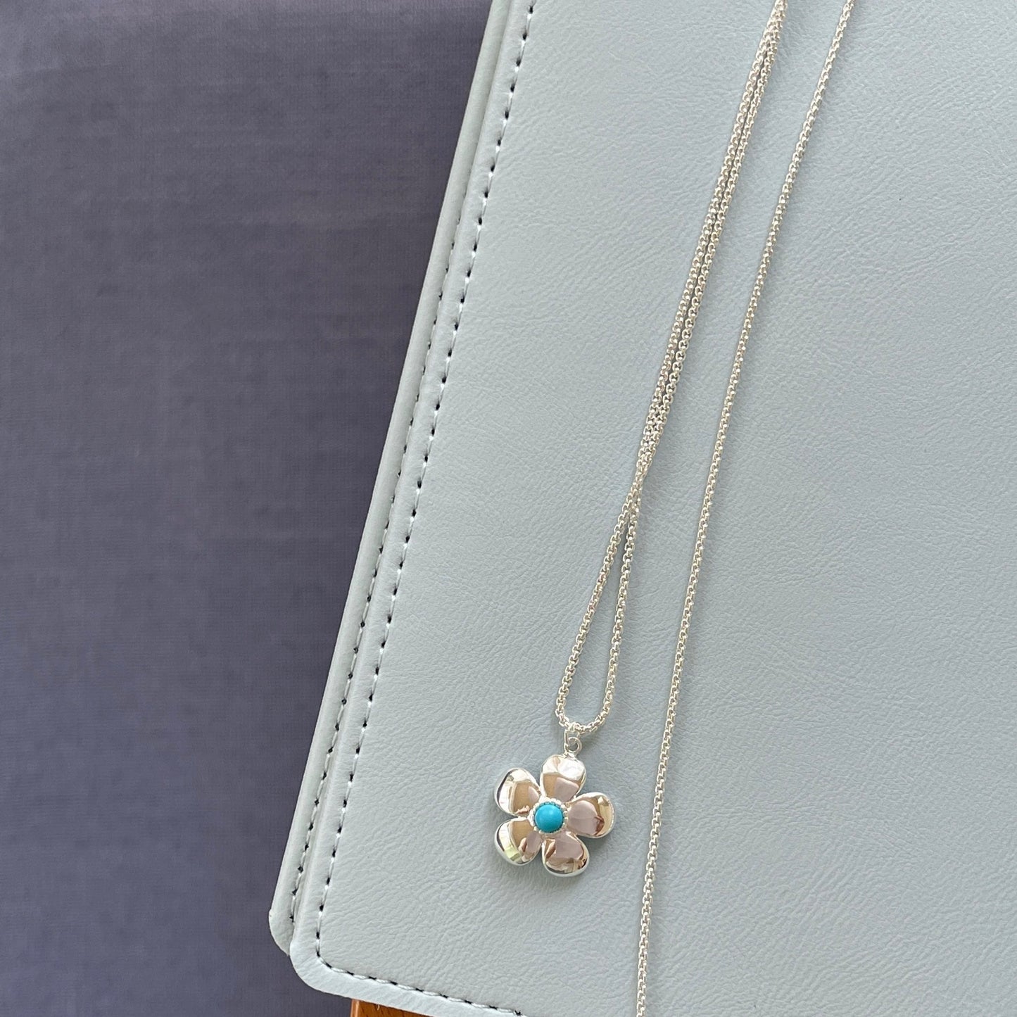 Silver Flower Turquoise Adjustable Lariat Necklace