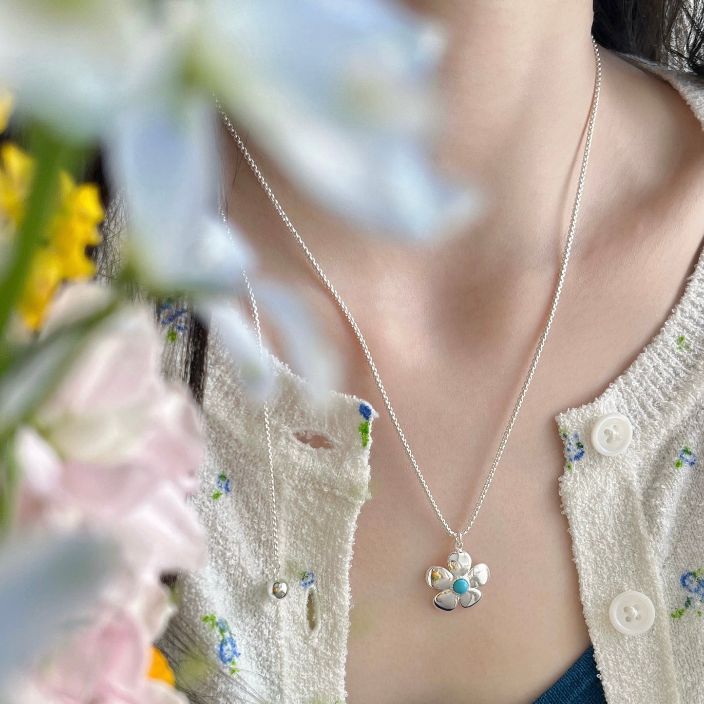 Silver Flower Turquoise Adjustable Lariat Necklace