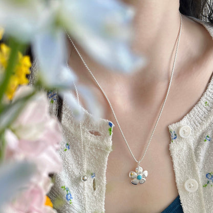 Silver Flower Turquoise Adjustable Lariat Necklace