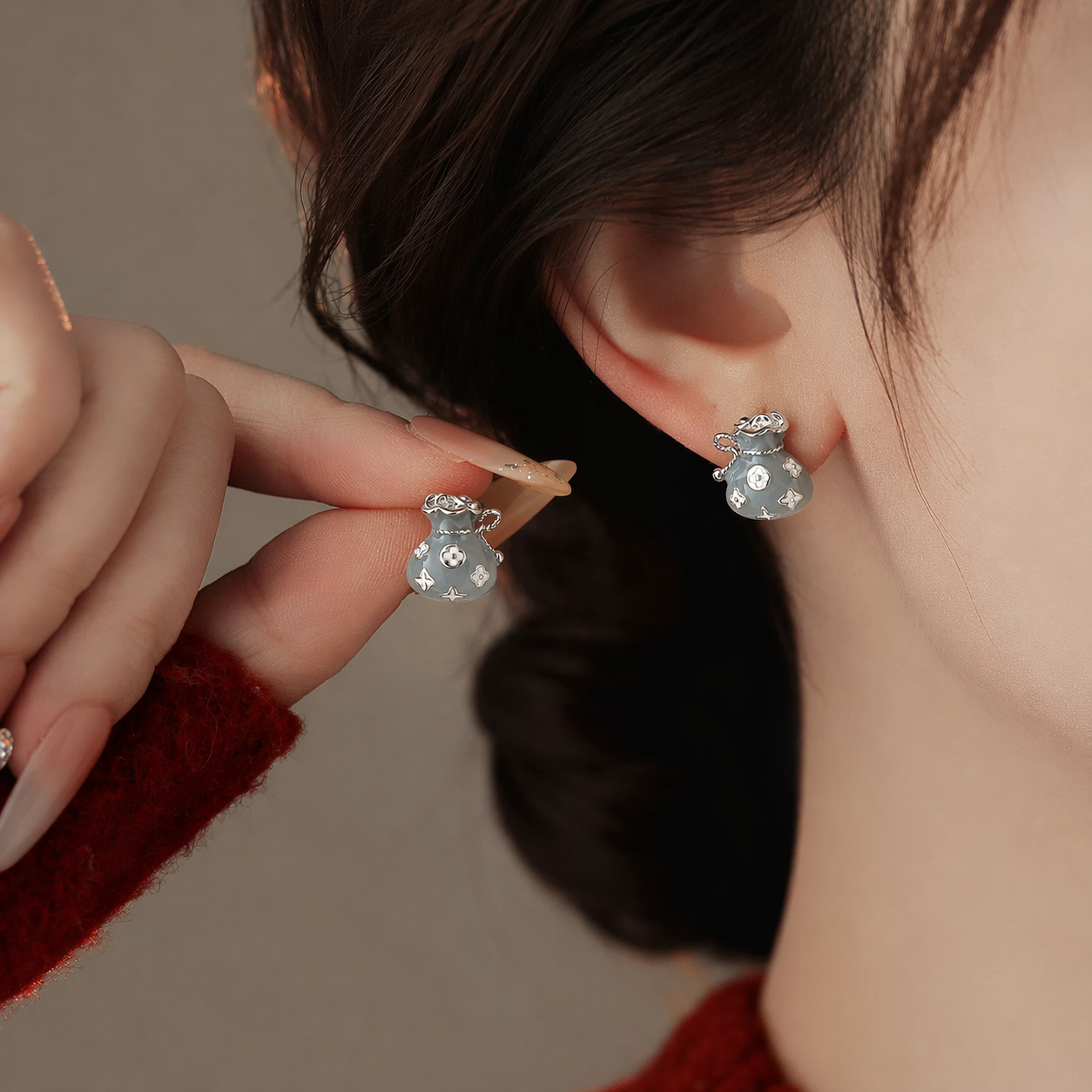 Lucky Pouch Enamel Stud Earrings