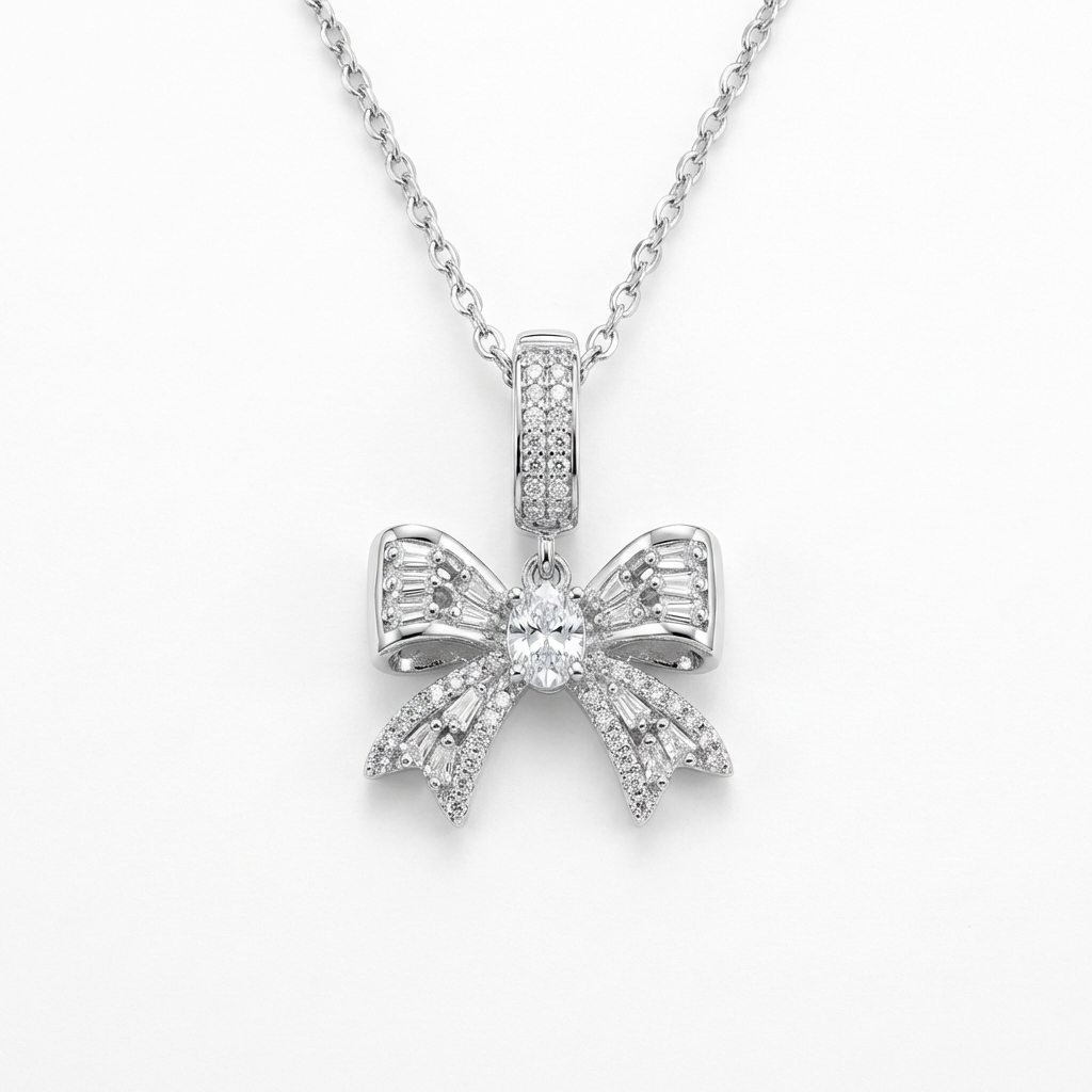 Coquette Crystal Ribbon Necklace | Luxe Stainless Steel Bow Pendant