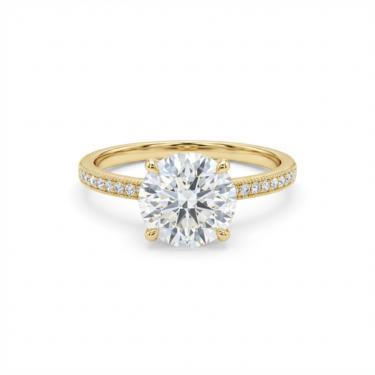 Dainty Four-Prong Round Solitaire Pavé Band Ring(Adjustable Ring)