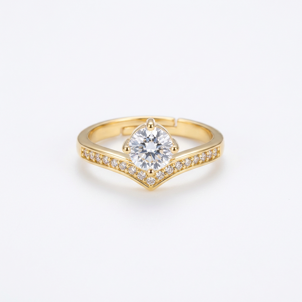 Dainty Chevron Round Solitaire Adjustable Pavé Ring(Adjustable Ring)