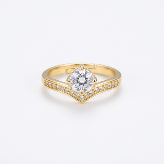 Dainty Chevron Round Solitaire Adjustable Pavé Ring(Adjustable Ring)