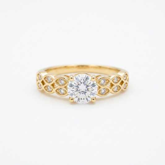 Dainty Four-Prong Round Solitaire Filigree Pavé Band Ring(Adjustable Ring)