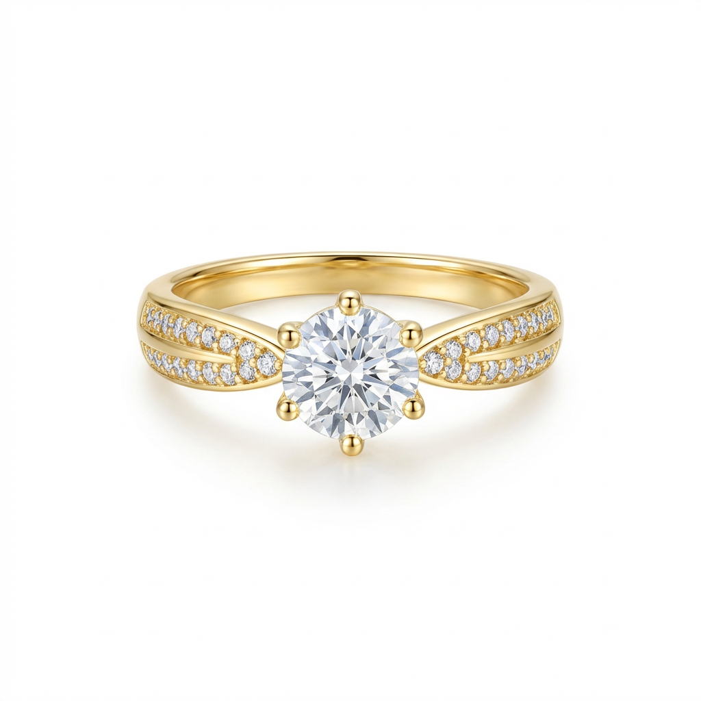 Dainty Five-Prong Round Solitaire Double-Row Pavé Band Ring(Adjustable Ring)