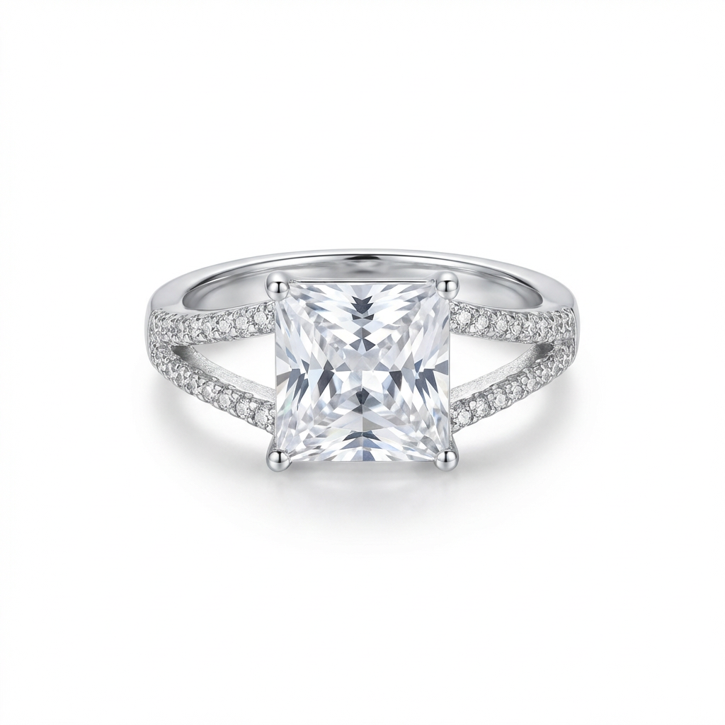 Dainty Four-Prong Princess Cut Solitaire Split Shank Double-Row Pavé Ring(Adjustable Ring)
