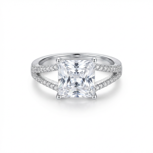 Dainty Four-Prong Princess Cut Solitaire Split Shank Double-Row Pavé Ring(Adjustable Ring)