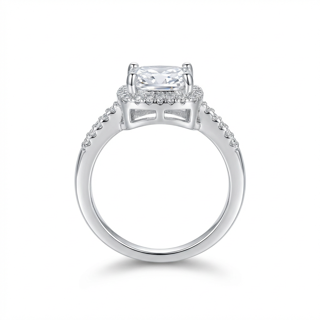 Dainty Four-Prong Princess Cut Halo Openwork Pavé Band Ring(Adjustable Ring)