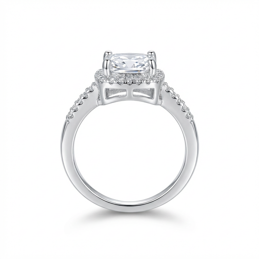 Dainty Four-Prong Princess Cut Halo Openwork Pavé Band Ring(Adjustable Ring)