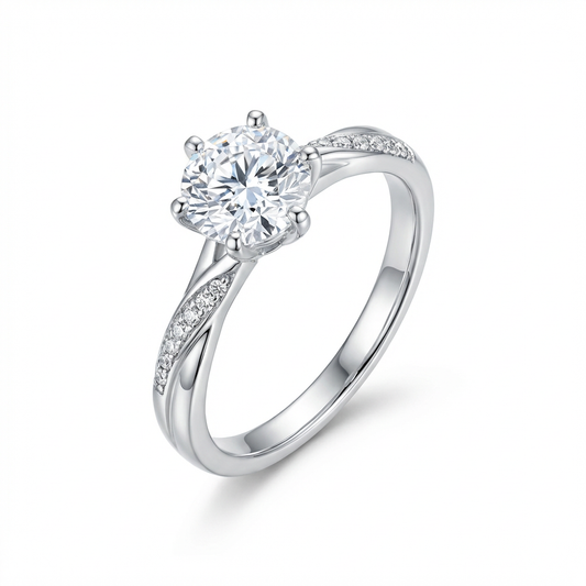 Dainty Five-Prong Round Solitaire Twisted Shank Asymmetrical Pavé Ring(Adjustable Ring)