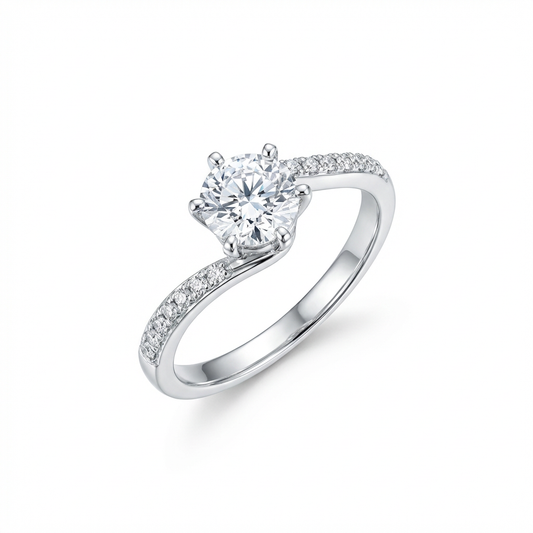 Dainty Four-Prong Round Solitaire Twisted Shank Symmetrical Pavé Ring(Adjustable Ring)