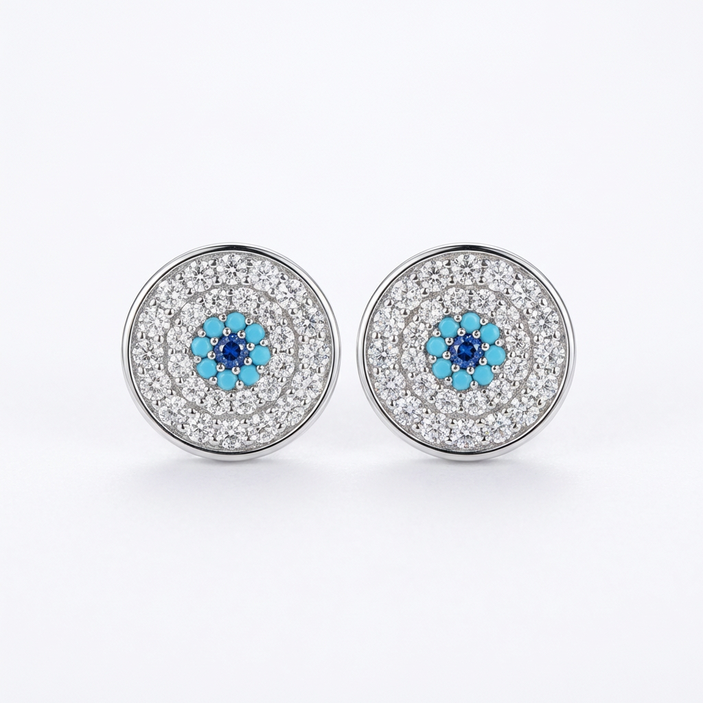 Dainty Evil Eye Studs: Gradient Blue Micro-Pave Zirconia in Fine Brass