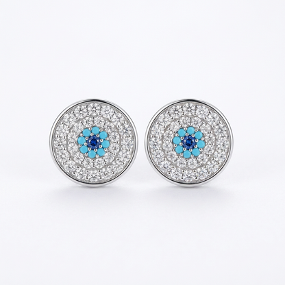 Dainty Evil Eye Studs: Gradient Blue Micro-Pave Zirconia in Fine Brass